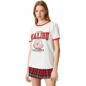 Koton T-shirt en coton Varsity à manches courtes et col rond pour femme, Écru (010), M