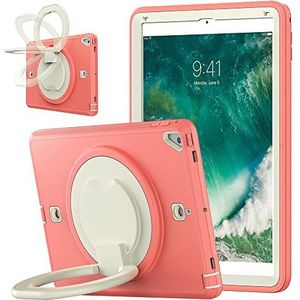 Beschermhoes voor iPad 2017/2018 9,7 inch (24,6 cm), drievoudige displaybescherming, schokbestendig, met standfunctie, 360 graden draaibaar, beige / rood