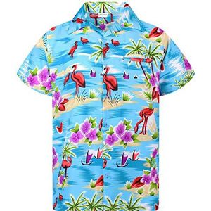 King Kameha Hawaiiaans overhemd, Hawaii, hemd, heren korte mouwen, voorzak Hawaii, bedrukt met flamingo's, Turkoois