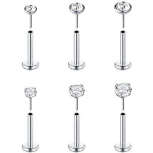 FECTAS 6 stuks draadloze push-In kraakbeen tragus helix piercing sieraden platte achterkant stud oorbellen roestvrij staal 16G 6 mm 8 mm 10 mm lip bars labret lip stud oor medusa piercing 2 mm 3 mm 4