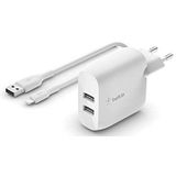 Belkin Boost Charge 24W 2-poorts USB-A-oplader met USB-A naar Lightning-kabel (iPhone 12, 12 Pro, 12 Pro Max, 12 mini, SE, 11, 11 Pro, 11 Pro Max, XS, XS Max, XR, X, 8, iPad, AirPods enz.)