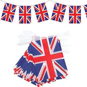 King Charles Coronation Union-Jack-vlaggetjesslinger, herbruikbaar, 10 m, met 30 vlaggen van stof, voor sport, koninklijke evenementen, kroeg, kantoor, barbecue, feest