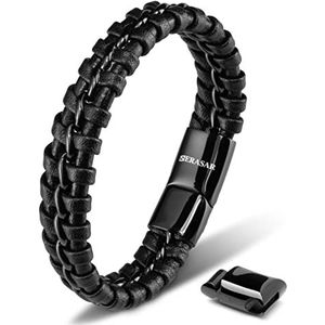 SERASAR Hoogwaardige leren armband voor heren, magnetische sluiting van roestvrij staal in zwart, zilver en goud, met sieradendoosje, geweldig cadeau-idee, Leer, Geen edelsteen