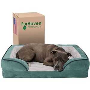 Furhaven Groot orthopedisch hondenbed van pluche en fluweel met afneembare wasbare overtrek - celadongroen - maat L