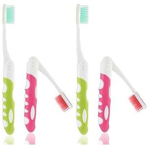 Opvouwbare reistandenborstel, 4 stuks, reistandenborstel, draagbare tandenborstel met zachte borstelharen, opvouwbare tandenborstel voor reizen, kamperen, wandelen (groen en roze)