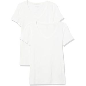 Amazon Essentials Set van 2 T-shirts met korte mouwen en V-hals voor dames, slim fit, wit, maat XL