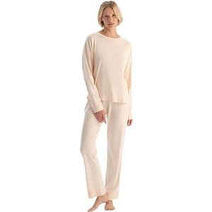 Dagi Boat Neck Lace Gedetailleerd Combed Modal Pajama Set Pyjama voor Dames, poeder