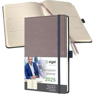 SIGEL Conceptum C2551 Agenda semainier 2025, aspect cuir, env. A5, couleur taupe, couverture rigide, 192 pages, élastique, passant pour stylo, pochette d'archives, certifié PEFC, couleur taupe