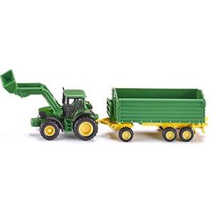 siku 1843 John Deere Tractor met oplader voor- en aanhanger, 1:87, metaal/kunststof, groen, kiepaanhanger