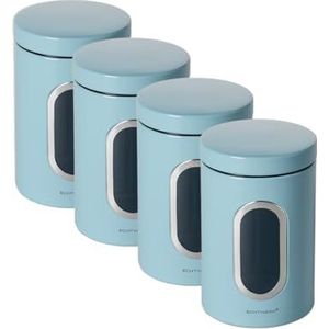 ECHTWERK Set van 4 elegante vershouddozen lichtblauw voor het bewaren van meel, suiker, muesli, thee, metalen doos met luchtdicht deksel en groot venster