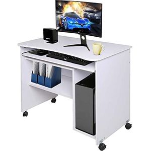 BAKAJI Bureau met uittrekbare aktetas, onderste plank en vak, paars, computer, werktafel, pc-deur van MDF-hout, met 4 wielen, decoratie voor thuis, kantoor, slaapkamer, modern (wit)