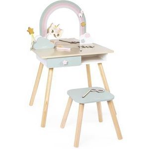 Janod Eenhoorn-thema voor kinderen, meisjes, imitatiespel, kaptafel met spiegel en kruk, speelgoed, 10 accessoires, afmetingen 56,6 x 42,5 x 86,25 cm, vanaf 3 jaar, J06464, J06464, meerkleurig