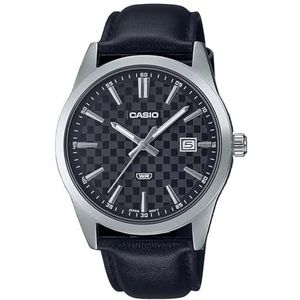 Casio MTP-VD03L-1A Heren standaard analoog horloge met zwarte leren band en zwarte 3-wijzers wijzerplaat, zwart, riem, zwart., riem