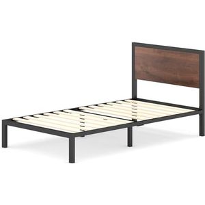 Zinus Mory Bed 80 x 190 cm - bedframe 30 cm hoog - bedframe met platform van metaal en hout met kop en lattenstandaard van hout - bruin
