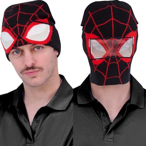 Concept One Marvel Spider-man Miles Morales Roll Down Cuff Beanie Hoed, Gebreide Winter Skull Cap Uniseks Beanie, Zwart/Rood