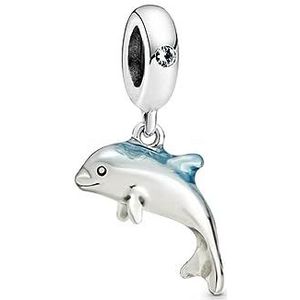 Pandora Passions Charm tijdens Sterling zilveren glinsterende dolfijn met groen kristal en blauw email, Metaal, Niet van toepassing