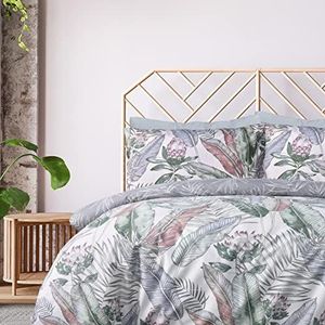 Sleepdown Omkeerbaar beddengoed van 100% puur katoen, tropische bladeren, grijs, tweepersoonsbed (200 x 200 cm)