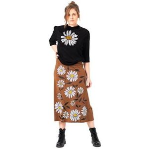 Mamatayoe Panorama Jupe évasée pour femme Couleur grillée avec imprimé floral pour automne hiver Jupe midi en tricot Rome et taille élastique de style décontracté, Brun, L