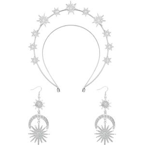 Amabro Halo haarband, sterrenkroon, godinnenkroon met zon en maan oorbellen, diadeem met pailletten en strassteentjes voor dames, bohemien bruidsaccessoire (zilver)