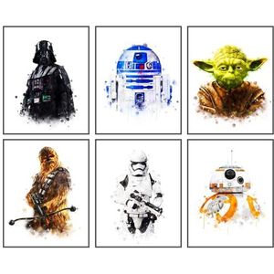 Star Wars Wandposters set van 6 aquarelprint wandafbeeldingen (20,3 x 25,4 cm) Star Wars Darth Vader Yoda wanddecoratie voor slaapkamer woonkamer badkamer