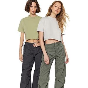 Trendyol T-shirt basique en tricot à col montant pour femme, Huile Vert-pierre, XL
