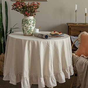 GLORY SEASON Retro tafelkleed met ruches van katoen, wasbaar, voor ronde tafel, babyshower, keuken, feest, bruiloft, wit, 177,8 cm, rond