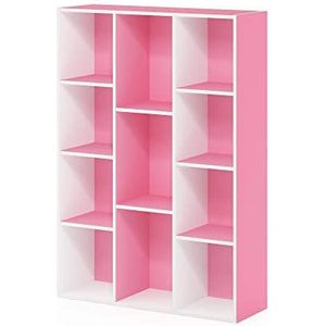 Furinno Open boekenkast met 11 vakken, hout, wit/roze, 23,88 x 73,91 x 105,92 cm
