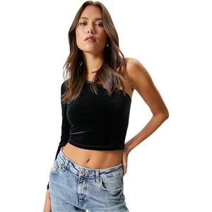 Koton T-shirt crop velours à une épaule pour femme, Noir (999), XS