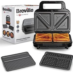 Breville 3-in-1 Ultimate Snackapparaat, sandwichapparaat, wafels en paninipers, afneembare anti-aanbakplaten, zwart en roestvrij staal [VST098X], EU-stekker