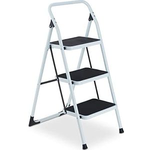 Relaxdays Trapladder 3 treden inklapbaar met beugel trapladder stalen ladder wit