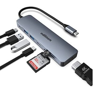 USB C-hub, oditton USB C-dock 7-in-1 met 2 USB __PLACEHOLDER_BRAND_1__ 3.0, 1 USB C 3.0, 4K HDMI, PD 100W oplaadpoort, SD/TF-kaart, USB C-adapter compatibel met type C-laptop