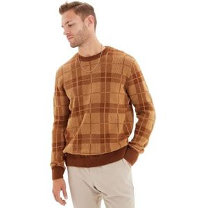 Trendyol Geruite slim pullover ronde hals trainingspak heren, camel, L, Kameel.