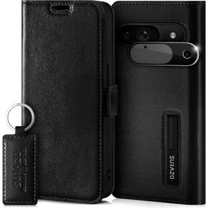 SURAZO Google Pixel 9 Hoes voor Google Pixel 9, echt leer, opvouwbare hoes, met kaartenvak, RFID-bescherming, camerabescherming, klaphoes van leer