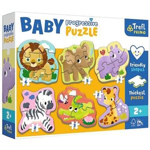 Trefl Primo - Safari, progressieve babypuzzel – 6 puzzels in grote vorm met dieren, van 2 tot 6 elementen, dik karton, grote elementen, sympathische puzzelvorm