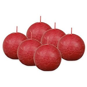 Bolsius Rustik Set van 6 bolvormige kaarsen, rood, diameter 7,6 cm, decoratieve kaars, brandduur 25 uur, parfumvrij, natuurlijke plantaardige was, zonder palmolie