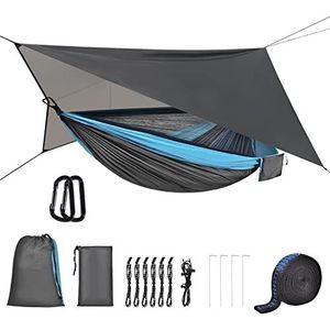OTraki Camping hangmat met muggennet en regenzeil, 200 kg draagkracht, 290 x 140 cm, nylon, licht, voor reizen, wandelen, picknick, tuin, blauw/grijs