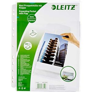 Leitz Premium, A4 geperforeerde kunststof hoezen met inzetstuk, grote capaciteit 200 vellen, pvc 170 micron, klep aan de bovenkant, 5 stuks, 47573003