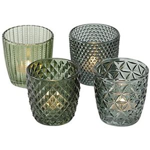 Boltze Windlicht Set Marilu 4-delig (groen, decoratieve glazen voor kaarsen / theelichtjes, kaarsenstandaard ø 8 cm, verschillende patronen, vorm rond, theelichthouder) 1014420