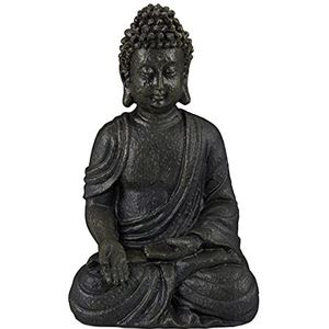 Relaxdays boeddhabeeld - 18 cm hoog - klein beeld boeddha - vochtbestendig - kunststeen - donkergrijs