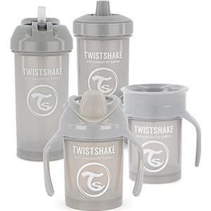Twistshake Set drinkbekers voor baby's, 4-delig, 1 x 360 beker, 1 x mini-beker, 1 x Straw Cup, 1 x kinderbeker, waterdichte flessen, lekvrije beker, BPA-vrij, 4 maanden, lichtgrijs