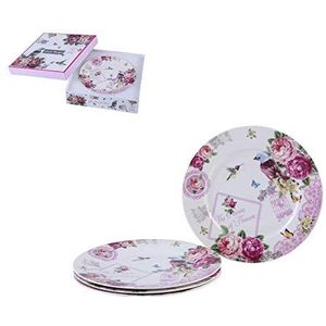 London Boutique Set van 4 taartborden van fijn porselein met brede randen in shabby chic-stijl (vogel, roze, vlinder)