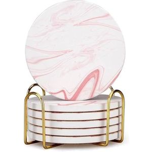 Set van 6 roze marmeren onderzetters voor dranken, absorberende keramische onderzetters met decoratieve standaard, ronde onderzetters van kurk, onderzetters set moderne onderzetters