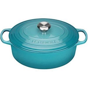 Le Creuset Signature geëmailleerde gietijzeren braadpan met deksel, Ø 27 cm, ovaal, 4,1 liter, 4,425 kg, Caribisch blauw, 21178271702430