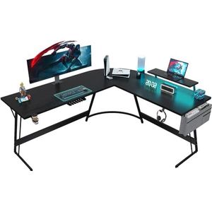 JUMMICO 160 cm speeltafel met led en monitorhouder, hoekbureau met opbergvak, groot L-vormige bureau, met kabelbeheer, bekerhouder en hoofdtelefoonhaak, zwart