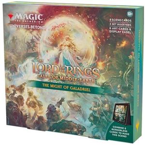 Magic The Gathering The Lord of The Rings: Tales of Middle-Earth Scene Box - The Might of Galadriel (6 Scene Cards, 6 Art Cards, 3 Boosters + Easy Display Set)