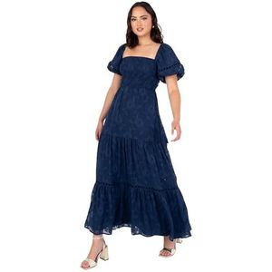 Lovedrobe Maxi-jurk voor dames, vierkante hals, puffmouwen, gebloemde zoom, chiffon, hemd, A-lijn, stropdas rug, melkmaid, damesjurk (1 stuk), marineblauw