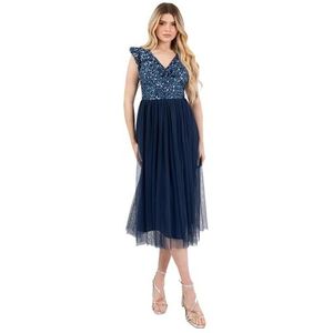 Maya Deluxe Damesjurk, midi-jurk, V-hals, fluttermouwen, pailletten, versierd, twist, voorkant, tule, bruiloft, gast, bruidsmeisje, gelegenheid jurk voor dames (1 stuk), Navy Blauw