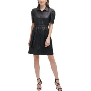 DKNY Korte jurk met pofmouwen van kunstleer voor dames, zwart.