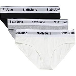 SIXTH JUNE - Set van 3 slipjes voor dames, elastische band, nauwsluitende pasvorm, 95% katoen, 5% elastaan, zwart/grijs/wit