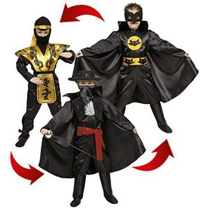 Helden Action 3-in-1 (Ninja, Bandit Ridder, Superheld) kostuum voor kinderen, zwart, geel, rood, 8-10 jaar, Zwart, geel, rood